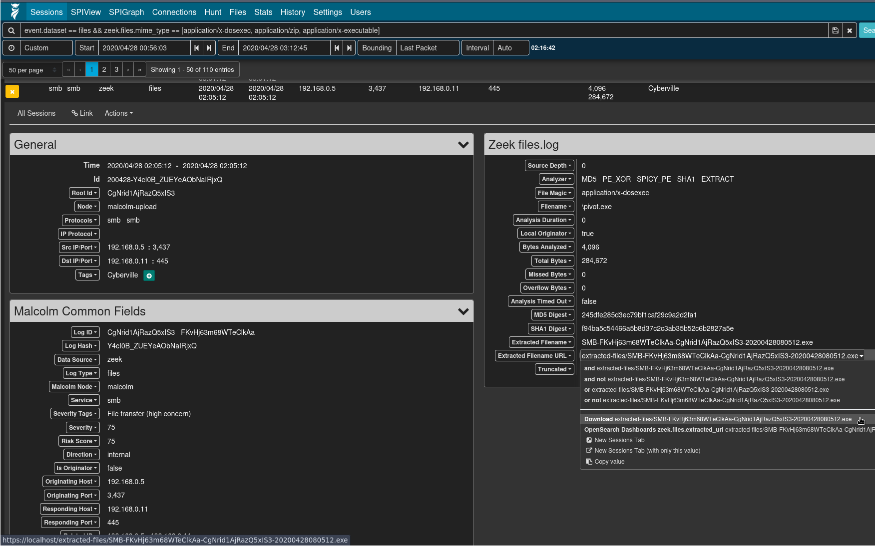 Arkime's session details for files.log entries