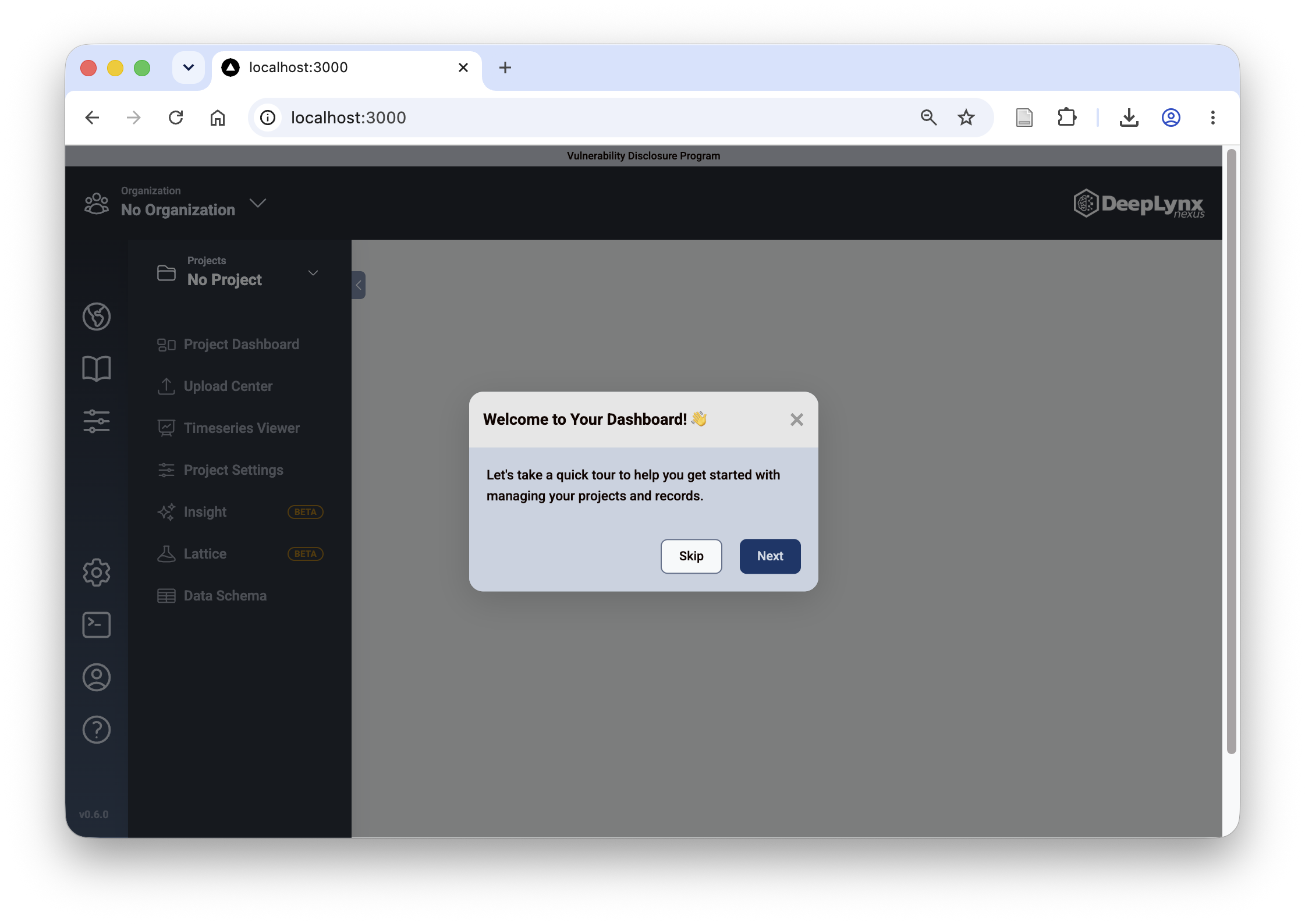 DeepLynx welcome screen with the introductory quick tour