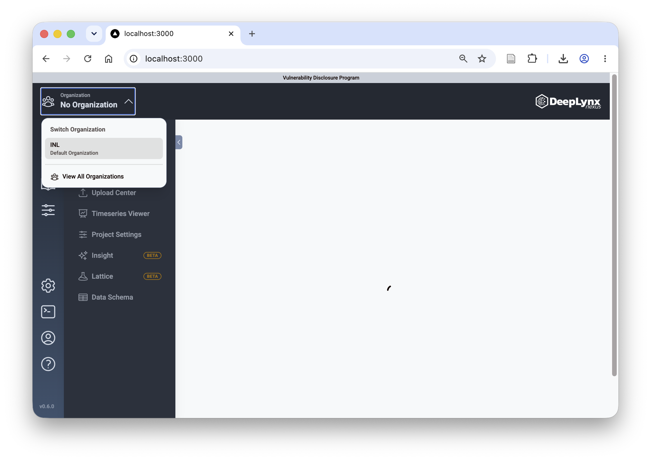 Selecting "INL - default organization" from the top-left organization dropdown