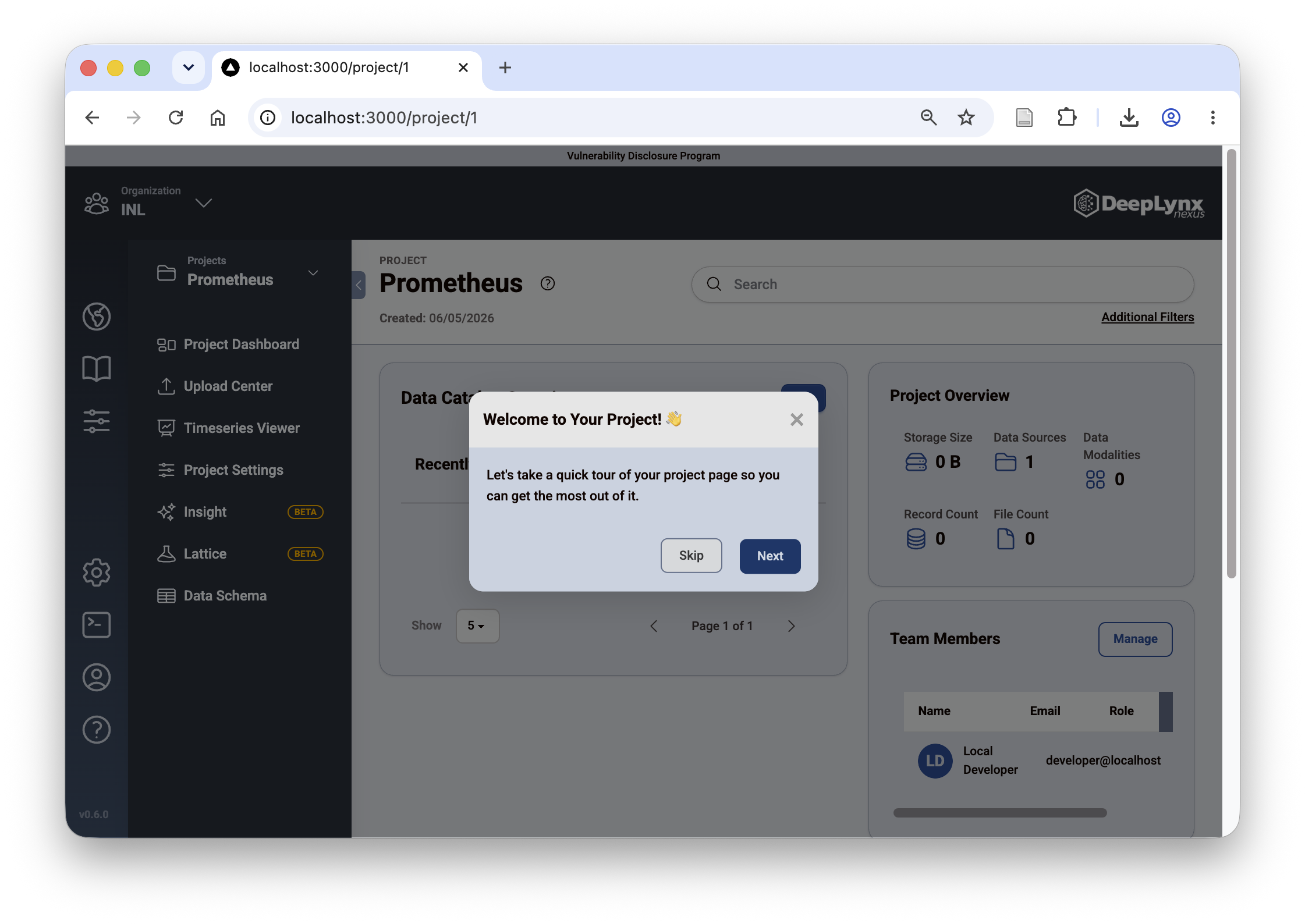 Project page showing the project ID in the URL (localhost:3000/project/1)