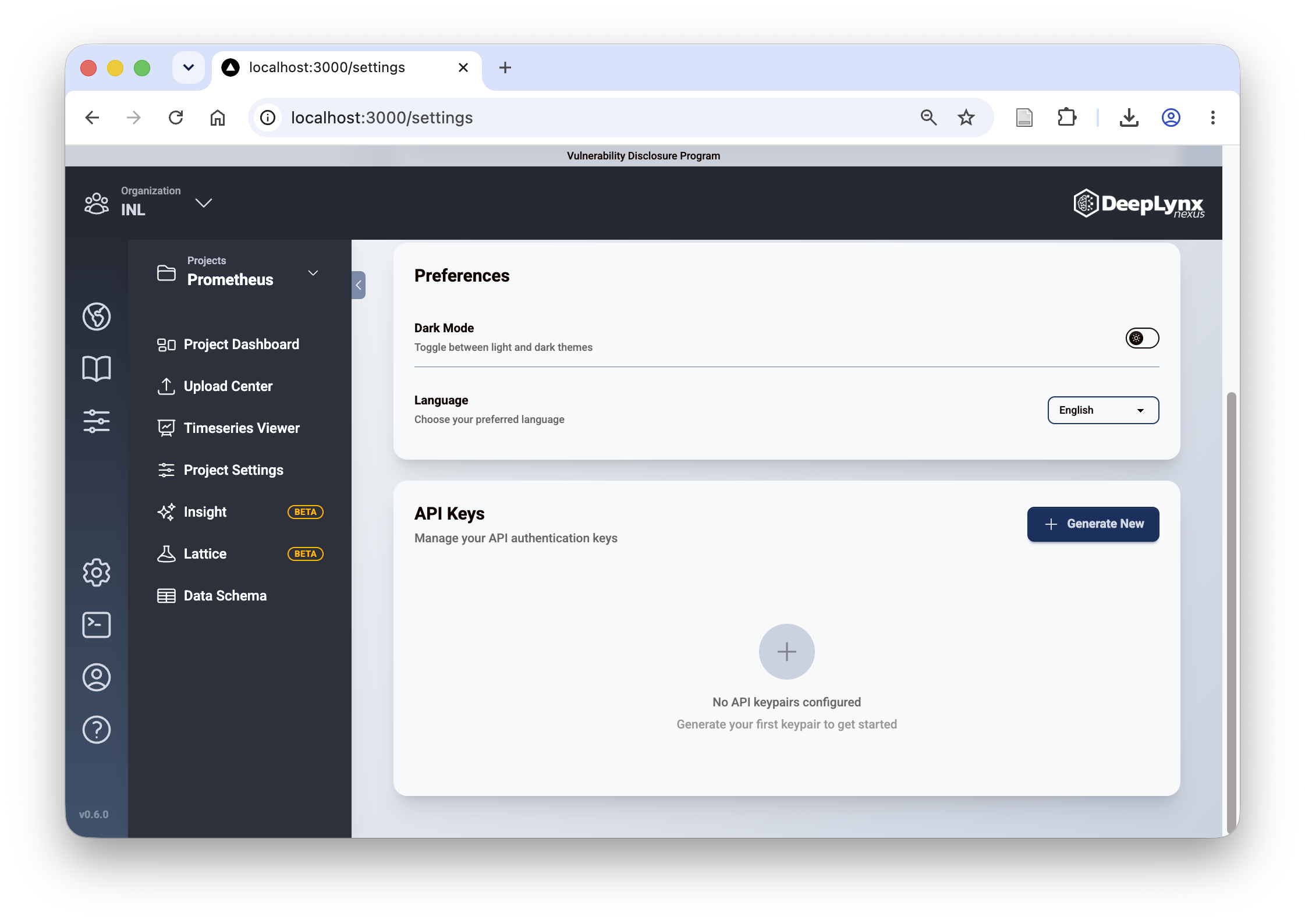 API Keys section of Settings with the "+ Generate New" button