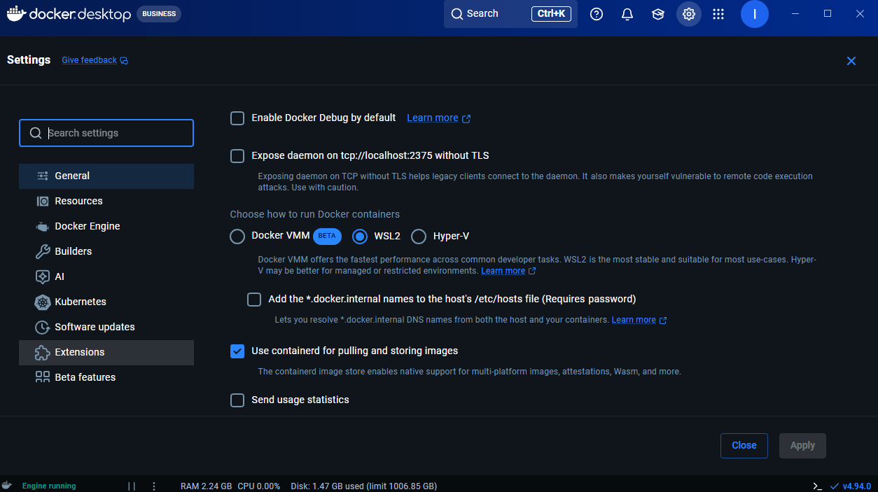 Docker Desktop General settings with "WSL2" selected as the Docker VMM