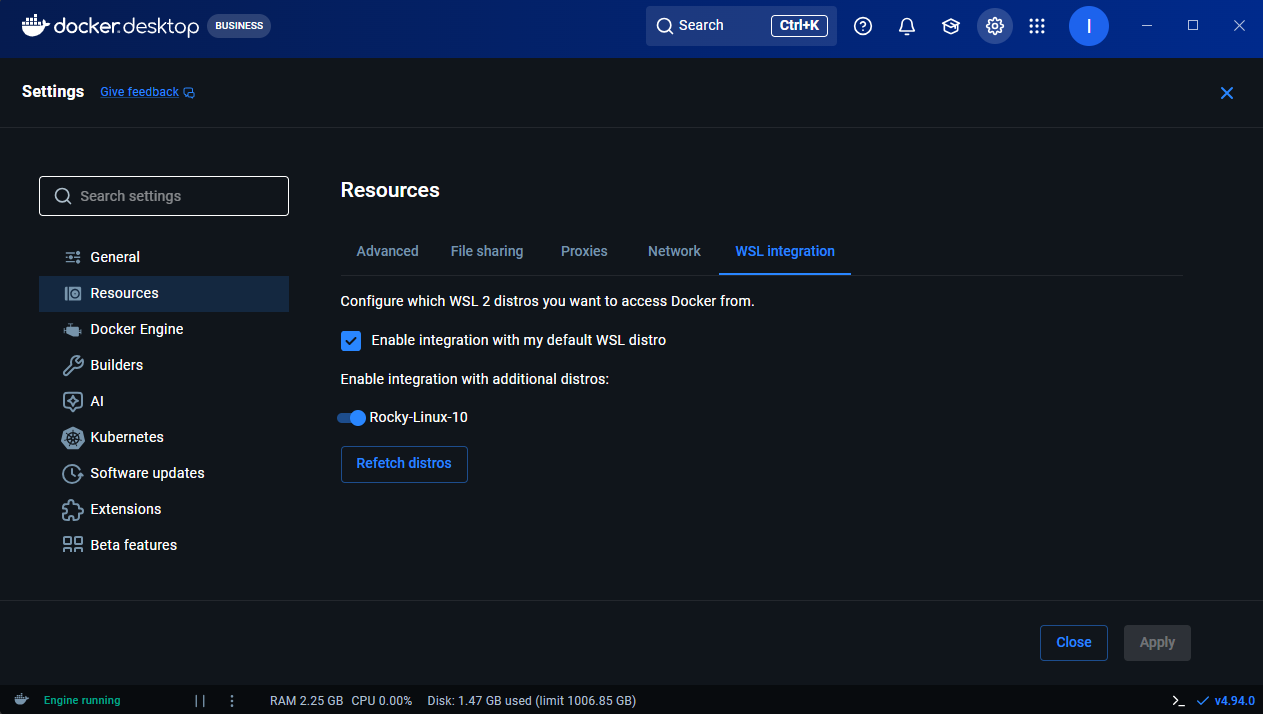 Docker Desktop Resources > WSL integration, with the default distro and an additional distro enabled